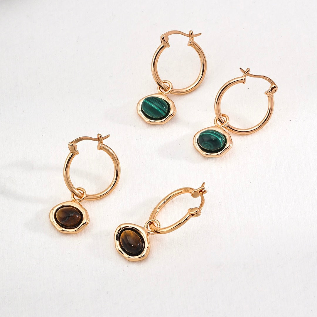 Natural Tiger Eye Stone Malachite Stone Hoops